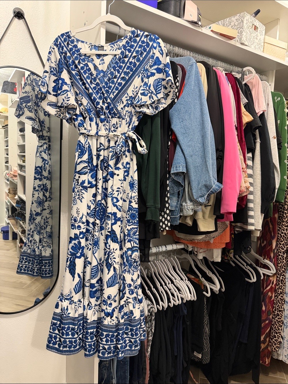 SHEIN Blue and White Floral Wrap Midi Dress with Tie Waist